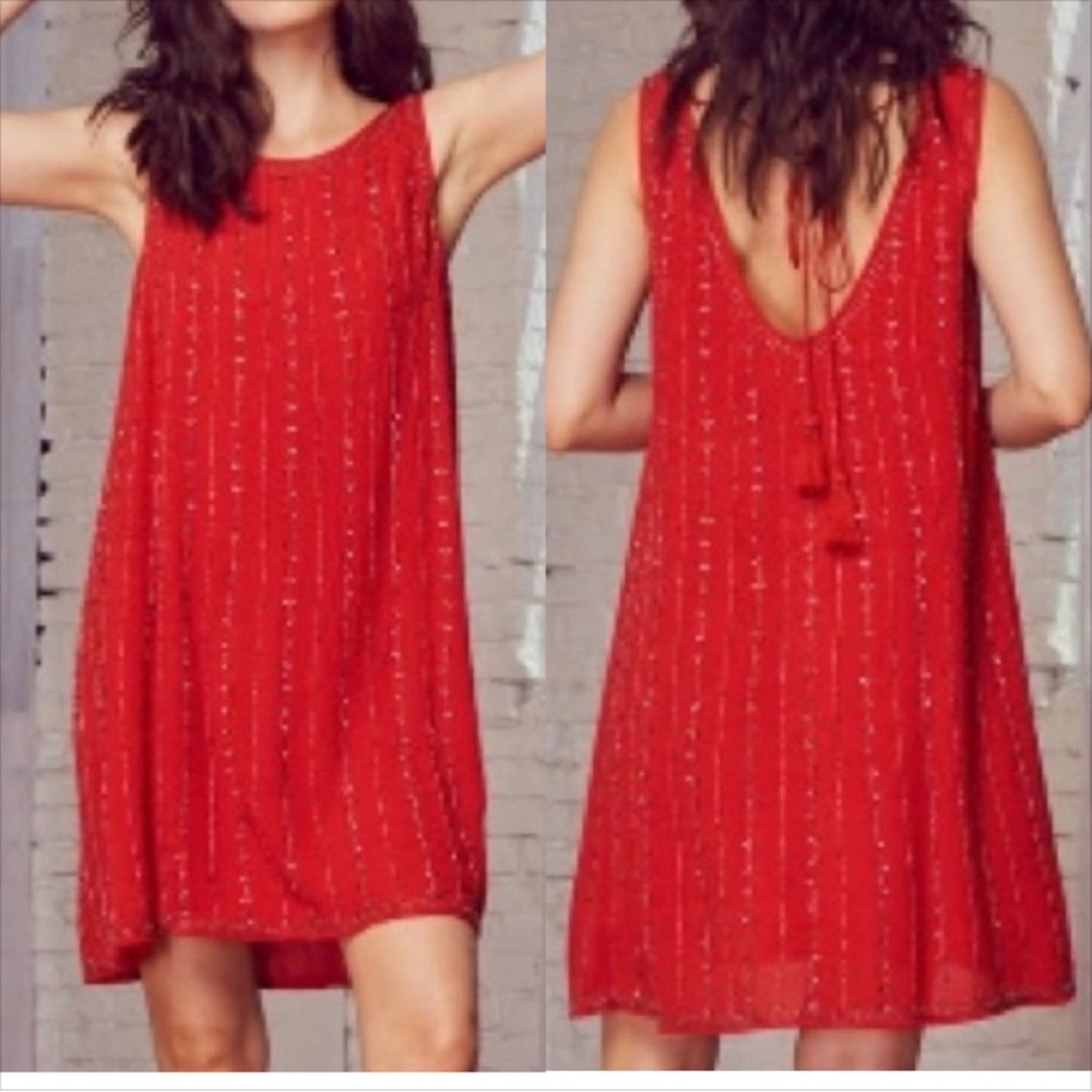 Lost + Wander Red Beaded Tie Back Flapper Shift Dress Medium